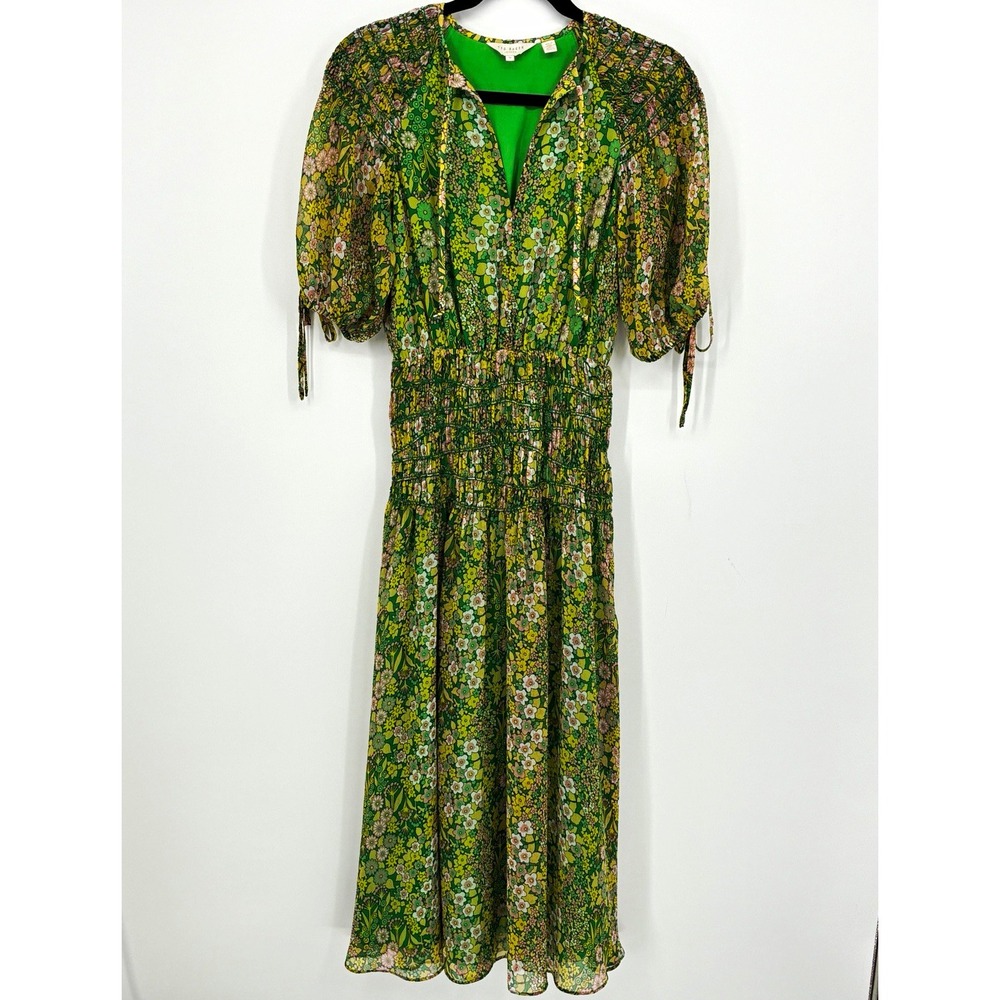 Ted Baker London Ursille Green Floral V-Neck Puff Sleeve Smocked Midi Dress Sz 0